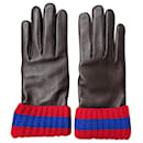 Gucci dunkelbraune Leder-Kaschmir-Webdesign-Handschuhe