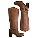 Janet & Janet Tan Tan Tan Leather Heeled Boots With Metal Rivets
