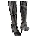 MARE - NEUF - Black leather boots with open toe rock Gothic style heel with silver chains - Autre Marque