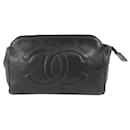 Black Lambskin Timeless CC Logo Cosmetic Pouch Make Up Toiletry - Chanel