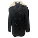 Burberry Double Breasted Coat with Shearling Collar in Black Wool