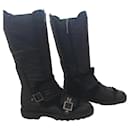 Chanel black leather fur trim boots EU37