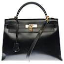 Exceptional Hermes Kelly bag 32 black box leather shoulder strap, gold plated metal trim - Hermès