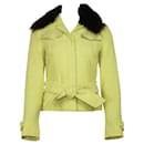 Dolce & Gabbana Tweed Belted Jacket with Detachable Fur in Yellow Wool