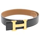 HERMES Constance H buckle Belt Leather Black Gold Auth ki1088 - Hermès