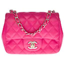 Exceptional Chanel Mini Timeless handbag in pink quilted leather, silver metal chain strap