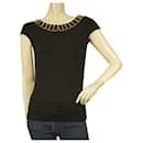 Versus Versace Black Gold Tone Studs Boat Neckline Fitted Viscose Top Size 42