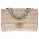 Superb Chanel Timeless/Classique Travel Line flap bag handbag in beige woven fabric, Matte silver metal trim