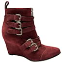 Tabitha Simmons Harley 80 Buckle Wedge Boots in Burgundy Suede