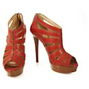 Christian Louboutin Red Leather Pique Cire 140 Ankle Strappy Booties Size 40
