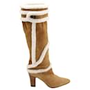 Manolo Blahnik Cluntius Shearling-Trimmed Knee Boots in Brown Suede