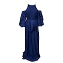 Halston Langes Kleid aus Seersucker mit Rüschen und Gürtel aus blauem Polyester - Halston Heritage