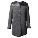 Sandro Paris Coat with Leather Trim in Grey Wool