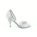 Size 36.5 Grey Satin Peep Toe Pearl Ankle Strap Pumps Size - Chanel