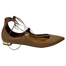 Aquazzura Christy Lace-up Ballet Flats in Tan Calfskin Leather