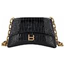 Balenciaga Women Small Downtown Shoulder Bag With Chain In Black Crocodile Embossed Leather