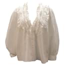 The Great Button-Up Ruffle Blouse in White Cotton - Autre Marque