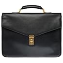 Elegant vintage Chanel Briefcase in black grained leather, garniture en métal doré