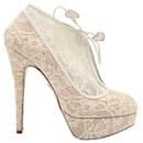 Charlotte Olympia Minerva Lace Platform Booties in Ivory Leather