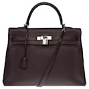 Stunning Hermes Kelly handbag 35 returned shoulder strap in brown Togo leather , palladium silver metal trim - Hermès