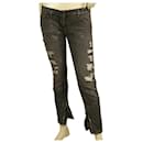 Balmain Mujer Pantalones rasgados en jeans de mezclilla gris Cremalleras de ajuste delgado de tiro bajo Sz 38