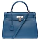 Splendid Hermes Kelly handbag 32 turned over in Evercolor Bleu Agate leather, palladium silver metal trim - Hermès
