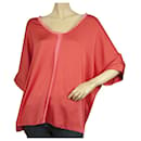 Blusa Elie Tahari Seda Color Coral & Ribete Rosa Dolma Manga Corta Top Talla L