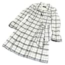 *[Used] CHANEL Tweed Long Coat Check Pattern Side Ribbon Black x White - Chanel