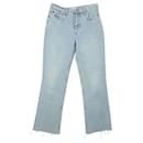 Re/Done Distressed Cropped Boyfriend Jeans in Blue Cotton Denim