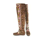 Etro mocassin over-knee boots in camel suede with leopard calf-hair and embroidery
