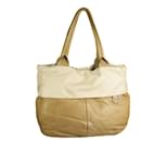 Moncler Agnes "a porter" tan leather & cream nylon fabric fold over tote shopper bag