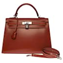 Exceptional & Rare Hermes Kelly bag 32cm saddle strap in brick red box leather , palladium silver metal trim - Hermès