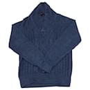 Loro Piana Ribbed V Neck Cable Knit Sweater in Blue Linen