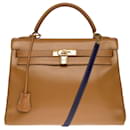 Magnificent & Rare Hermès Kelly handbag 32 turned over shoulder strap in Gold box leather, gold plated metal trim