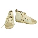 Dsquared2 Off White Leather Beige Suede High Top Lace Up Sneakers Shoes 36.5