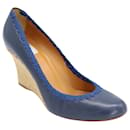 Sandálias Lanvin Wedge em couro azul marinho