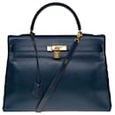Splendid Hermes Kelly handbag 35 returned in Vache d'Ardenne indigo blue, gold plated metal trim - Hermès