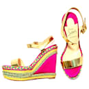 Louboutin pink, yellow & green espadrille wedge sandals with gold ankle straps - Christian Louboutin