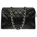 Superb Chanel Cabas handbag in black quilted leather, bi-color black and ecru plastic trim
