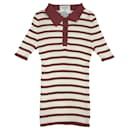 * Chanel CHANEL Border Short Sleeve Knit Ribbing Elastic Tops Cut and Sewn Cotton White Bordeaux Ladies