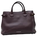 Dark Purple Grained Leather Tote with Checked Pattern on Sides - Burberry