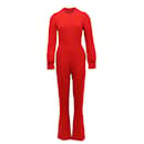 Valentino Long Sleeve Flare Leg Jumpsuit in Red Silk
