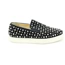 Women's Sz 34 Black Suede Spikes and Crystals Roller Boat - Christian Louboutin
