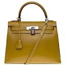 Exceptional & Rare Hermes Kelly bag 28 saddler shoulder strap in box cumin leather, palladium silver metal trim - Hermès