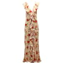 De La Vali Jolene Floral-print Deep V-neck Ruffled Dress in Beige Silk Chiffon - Autre Marque