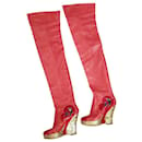 Chanel Red Paris Moscow Leather Over Knee Wadge Boots