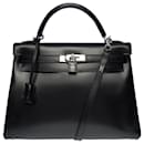 Splendid & Rare Hermes Kelly handbag 32 returned shoulder strap in black box leather, palladium silver metal trim - Hermès