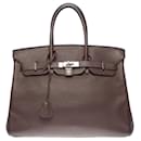 Superbe sac à main Hermes Birkin 35 cm en cuir Taurillon Clémence marron, garniture en métal argent palladium - Hermès