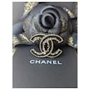 CC B14V Black Enamel Ruffled Logo Crystal GHW Brooch - Chanel