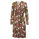 Diane Von Furstenberg Two Tone Print Wrap Midi Dress in Brown/Pink Silk